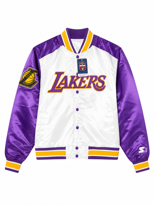 Chaqueta NBA Los Angeles Lakers Varsity Satin Blanca y Violeta